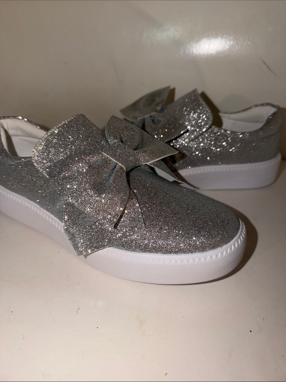 Sparkle Bow Slip-On Sneakers - Silver Glitter